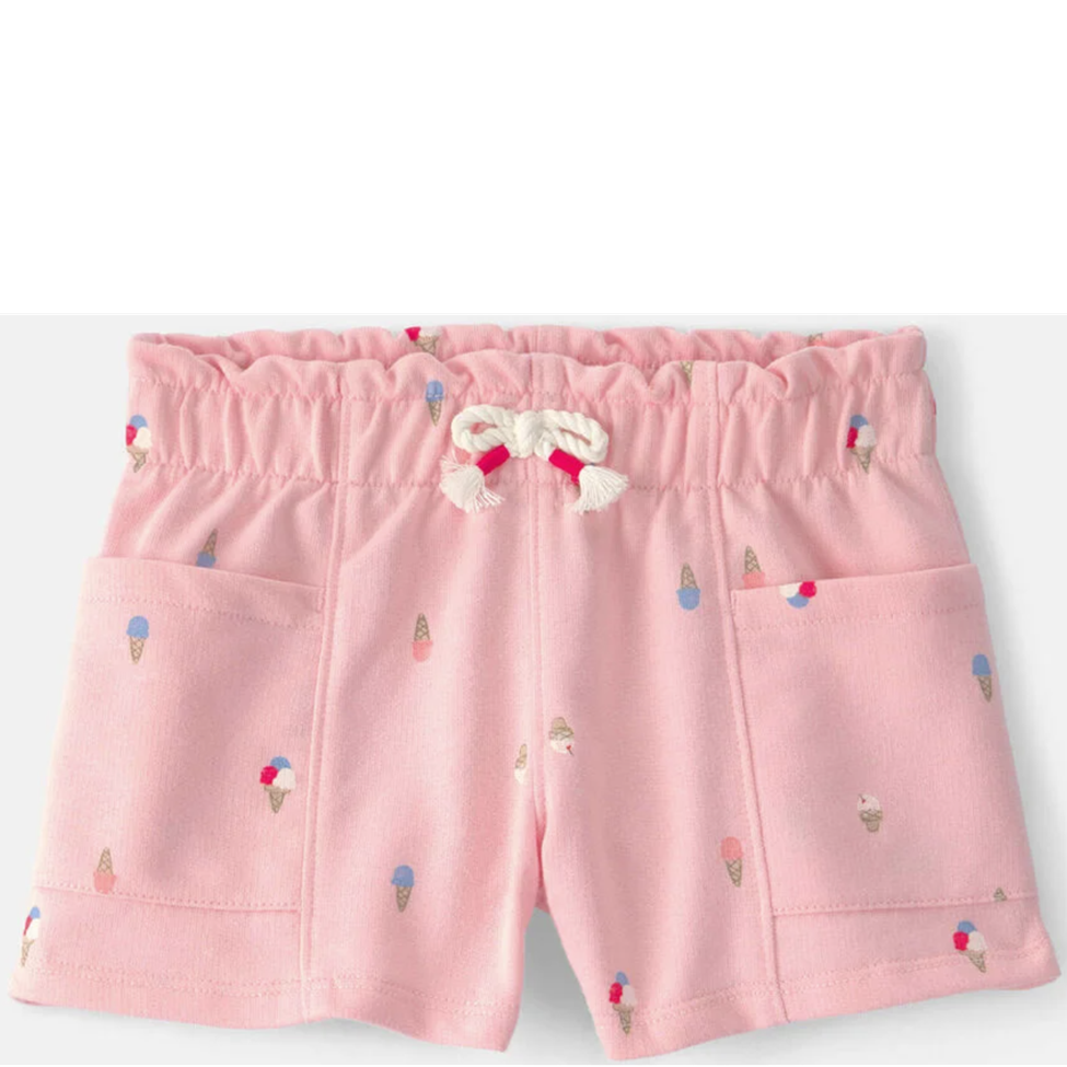 Pink shorts with ice cream cone patterns on a white background