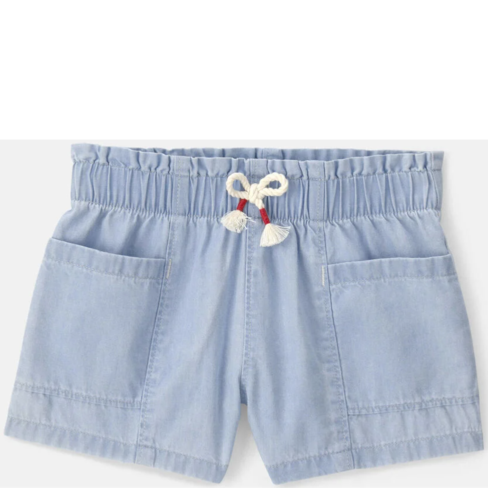 Light blue shorts with a drawstring on a white background