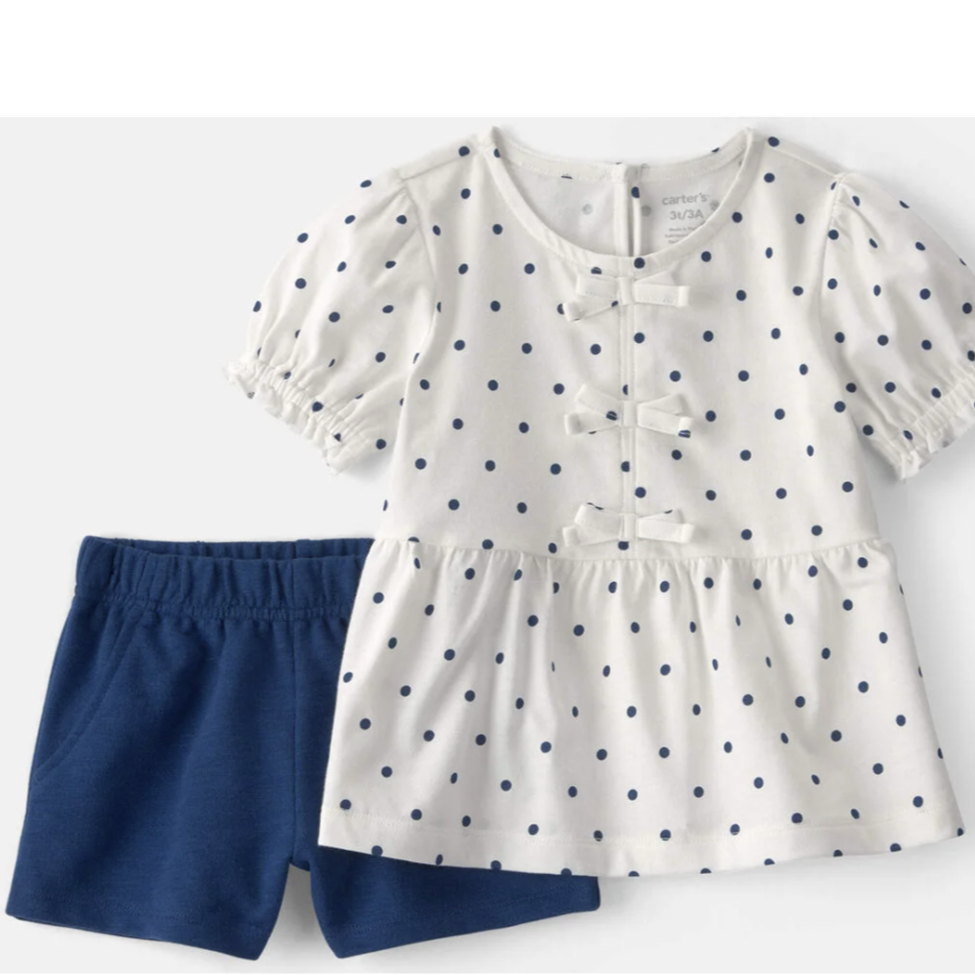 White blouse with blue polka dots and blue shorts on a white background