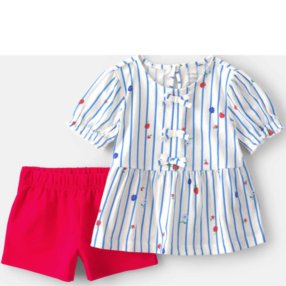 Striped shirt with floral details and red shorts on a white background