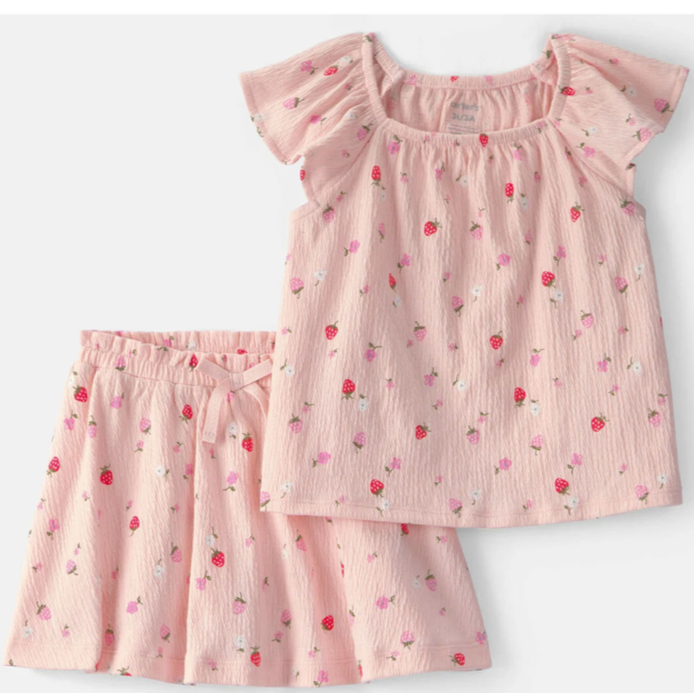 Pink children's pajama set with strawberry pattern on a white background