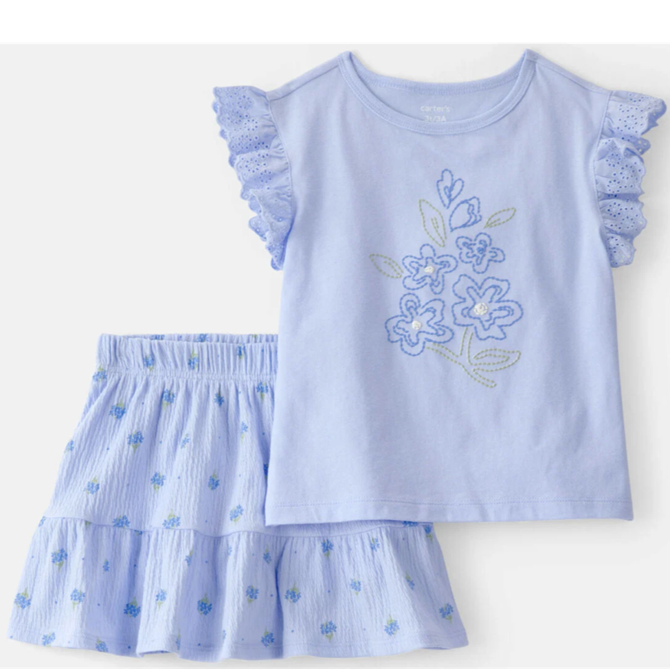 Light blue children's outfit with floral embroidery on a white background