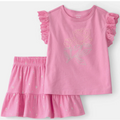 Pink children's outfit with floral design on a white background