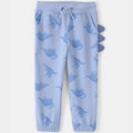 Blue children's sweatpants with dinosaur pattern on a white background