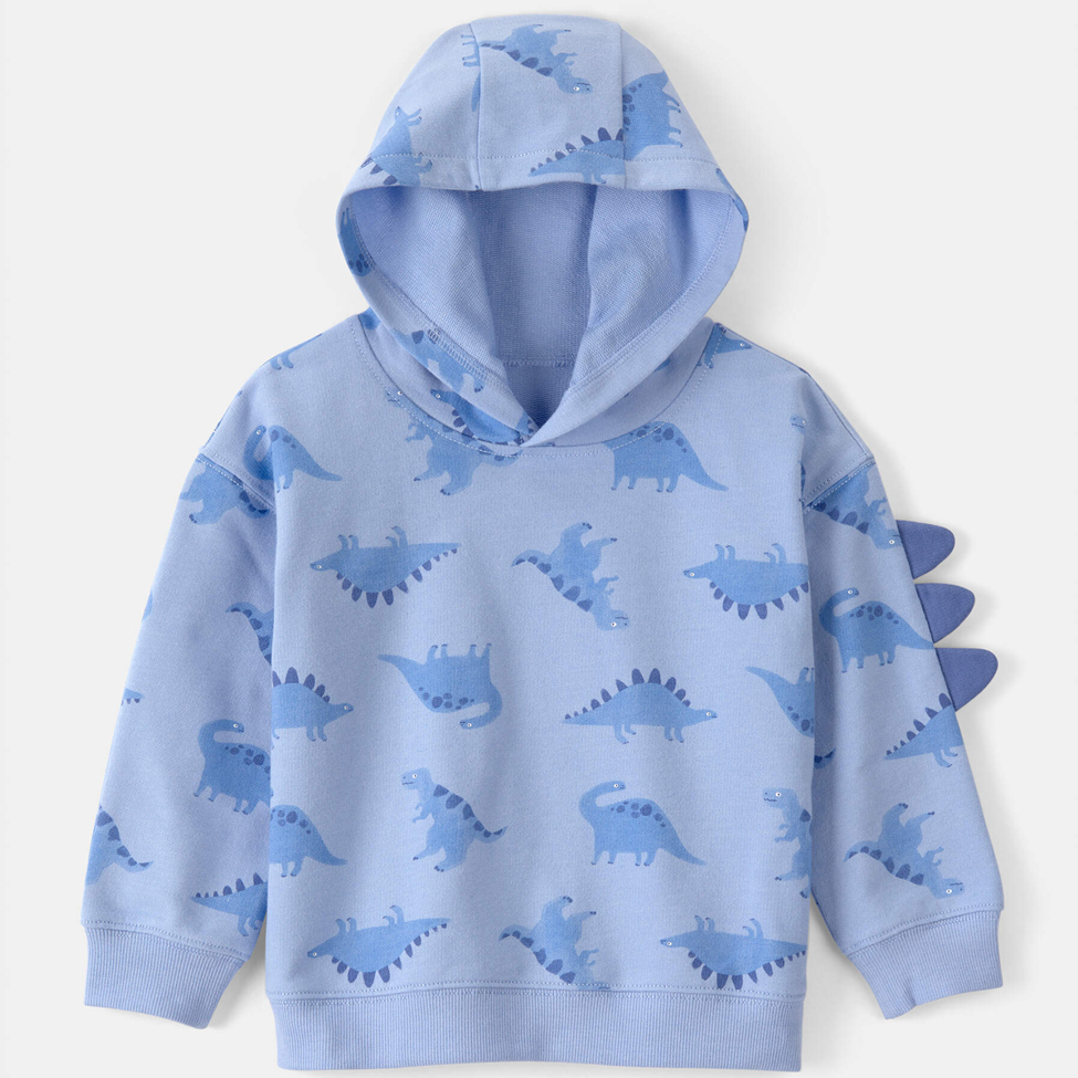 Blue hoodie with dinosaur pattern on a white background