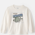 Children's long-sleeve shirt with dinosaur graphic and text on a white background