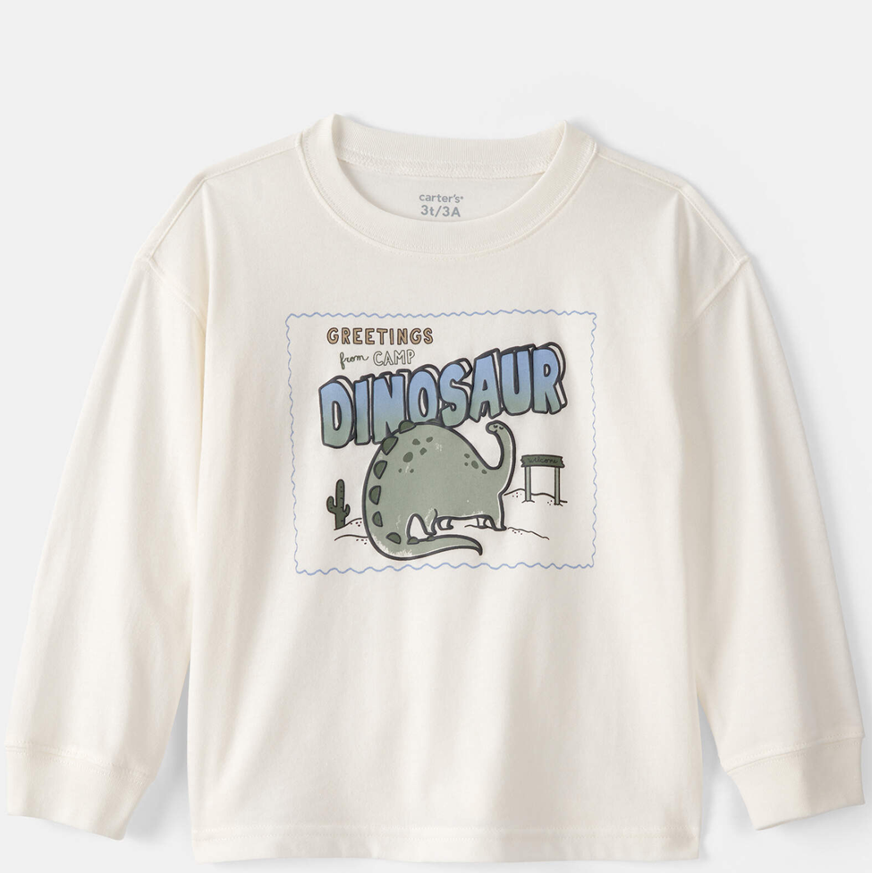 Children's long-sleeve shirt with dinosaur graphic and text on a white background