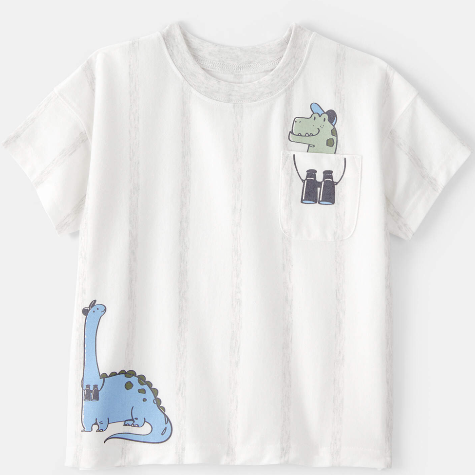 White t-shirt with dinosaur designs on a white background