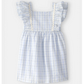 Blue and white checkered dress with ruffled straps on a light gray background