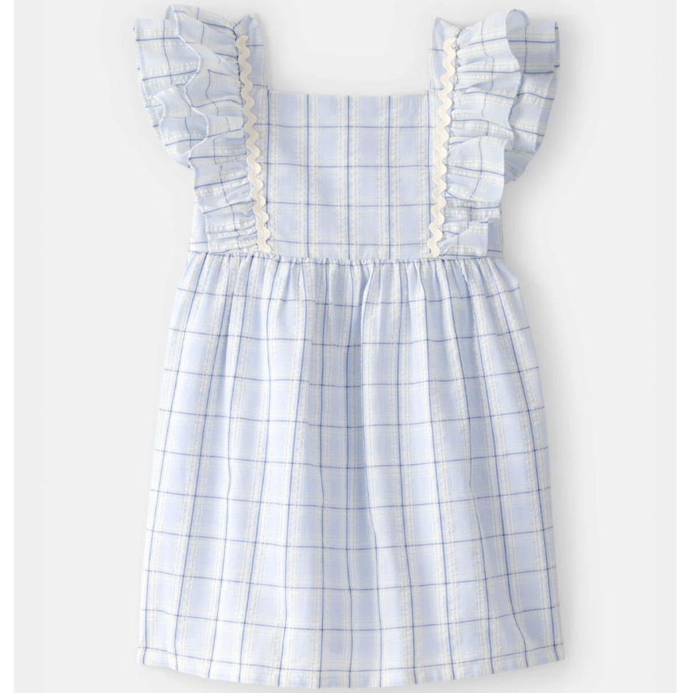 Blue and white checkered dress with ruffled straps on a light gray background