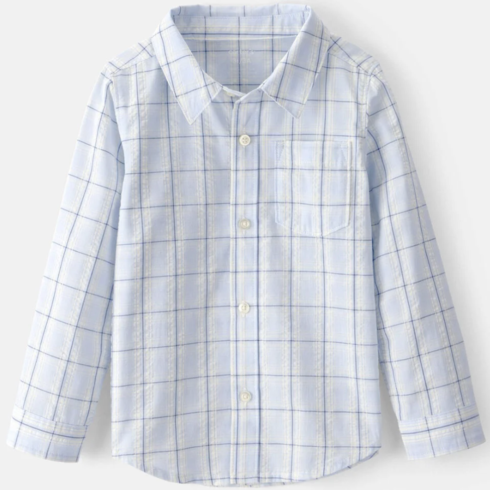 Blue and white checkered shirt on a light gray background