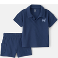 Navy blue polo shirt and shorts set with a small logo on a white background