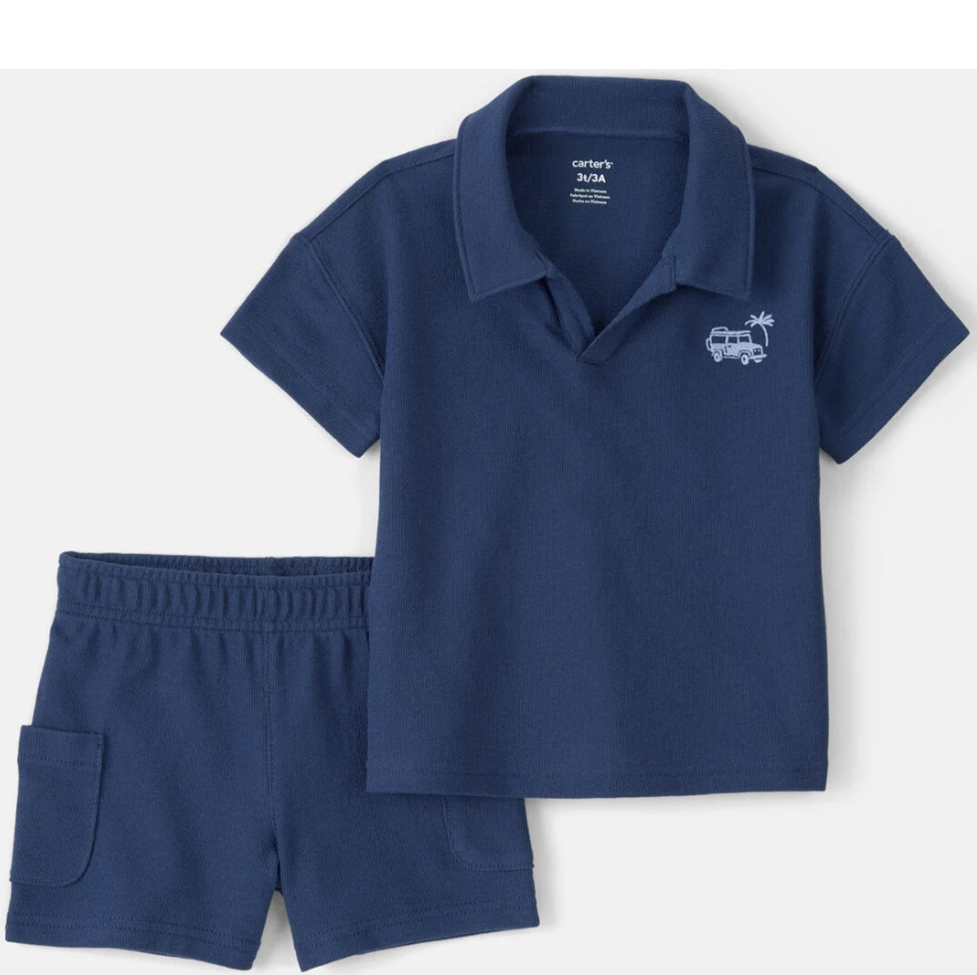 Navy blue polo shirt and shorts set with a small logo on a white background