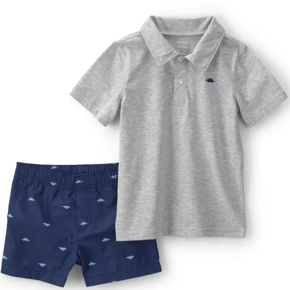 Gray polo shirt and navy shorts with fish pattern on a white background