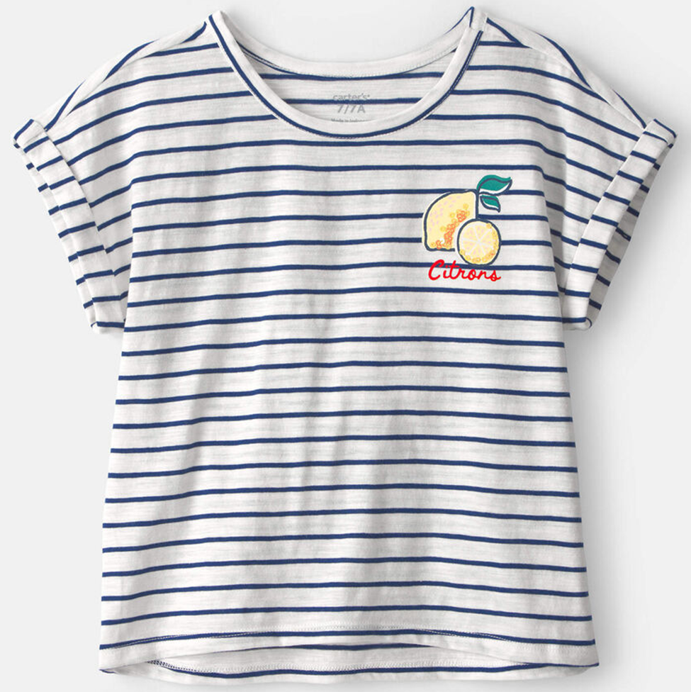 White t-shirt with blue stripes featuring a lemon graphic and 'Citrons' text on a white background