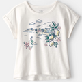 White t-shirt with colorful graphics on a white background