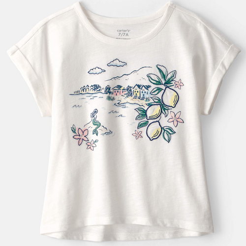 White t-shirt with colorful graphics on a white background