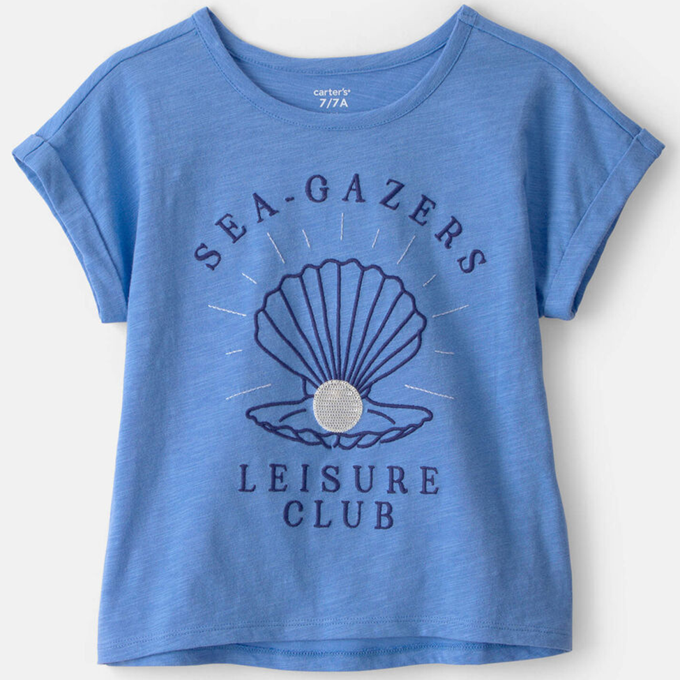Blue t-shirt with 'Sea-Gazers Leisure Club' design on a white background