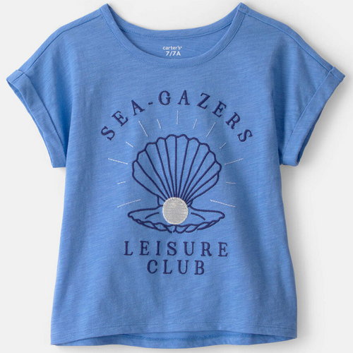 Blue t-shirt with 'Sea-Gazers Leisure Club' design on a white background