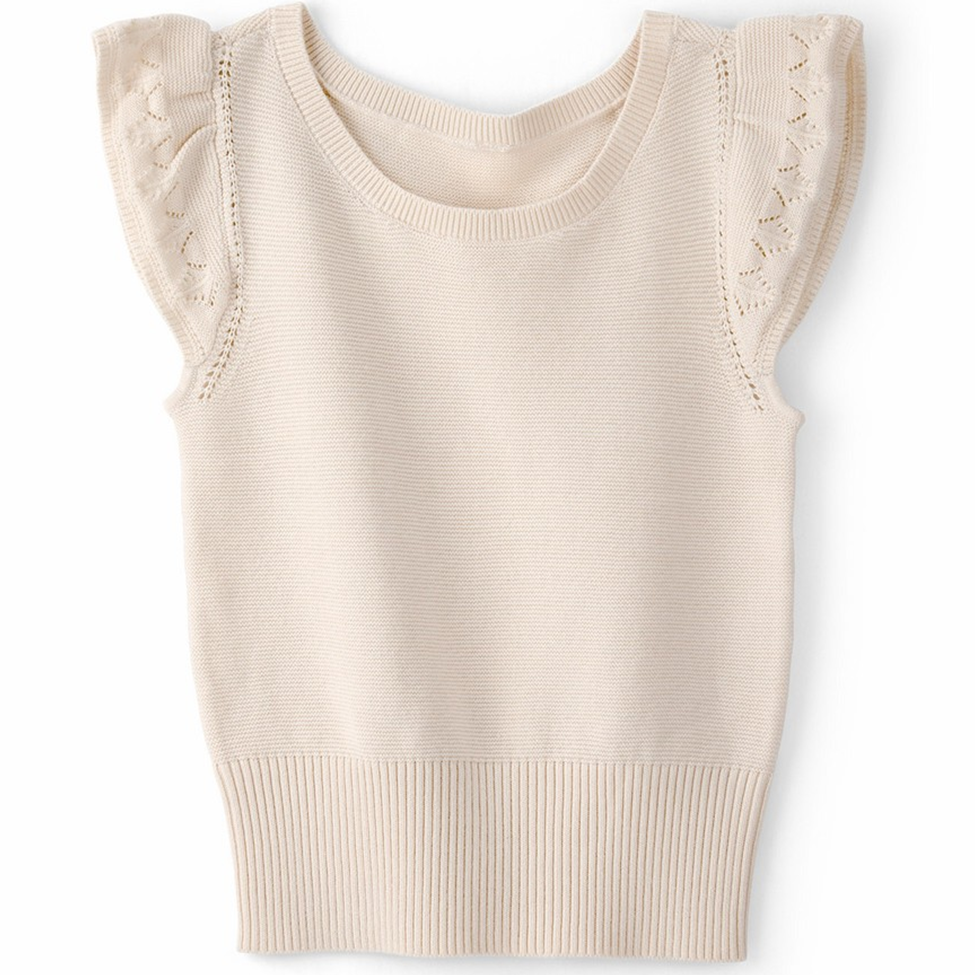 Beige sleeveless knit top on a white background