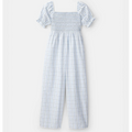 Blue and white checkered jumpsuit with ruffled sleeves on a light gray background