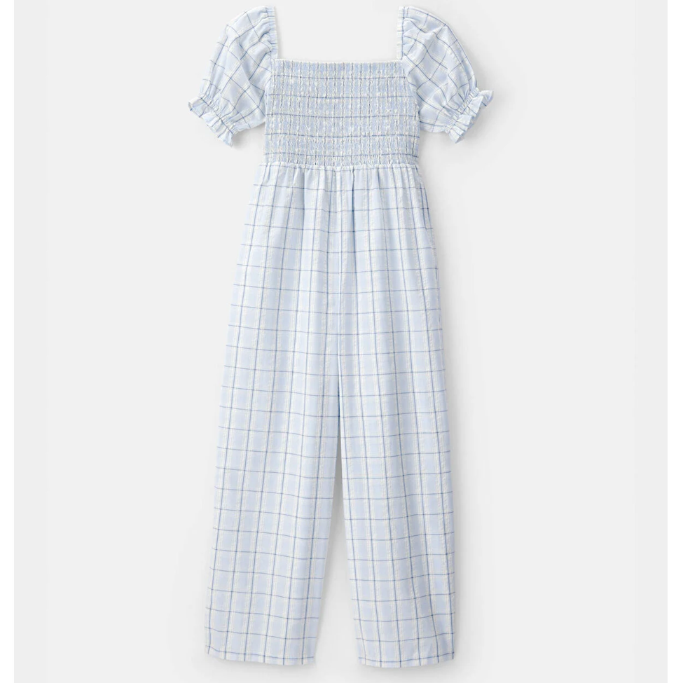 Blue and white checkered jumpsuit with ruffled sleeves on a light gray background