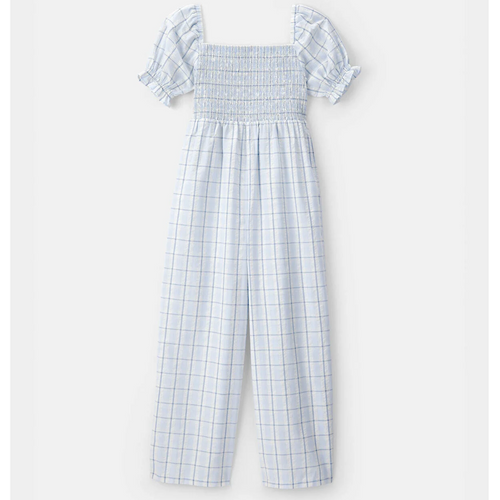 Blue and white checkered jumpsuit with ruffled sleeves on a light gray background