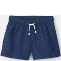 Navy blue shorts with a white drawstring on a white background
