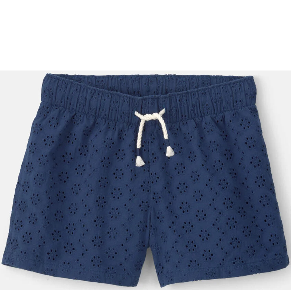 Navy blue shorts with a white drawstring on a white background