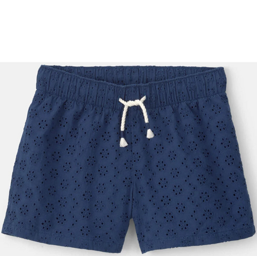 Navy blue shorts with a white drawstring on a white background