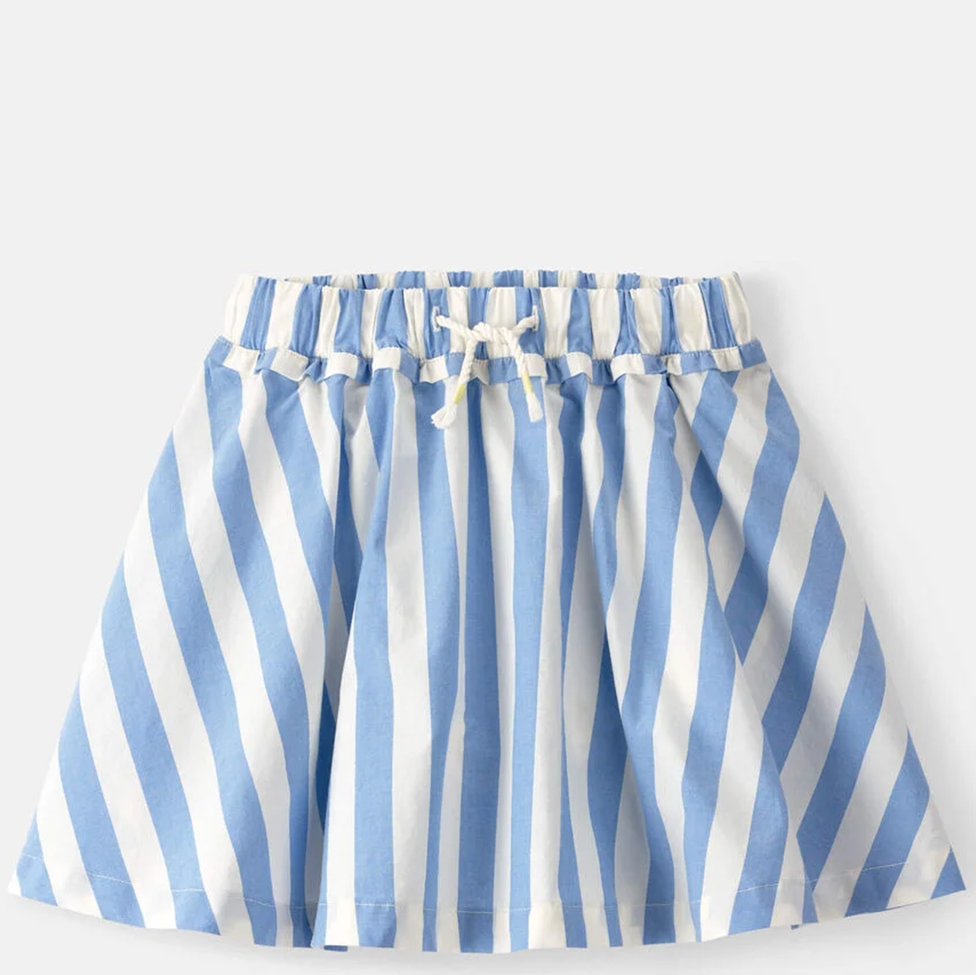 Blue and white striped skirt on a light gray background