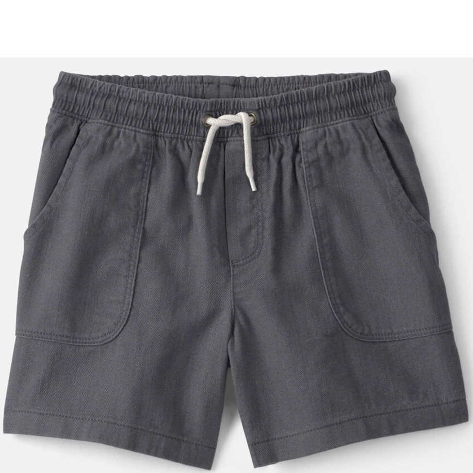 Gray shorts with a drawstring on a white background