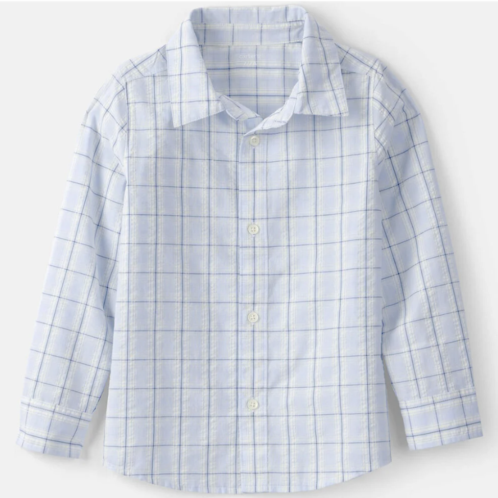 Blue and white checkered shirt on a light gray background