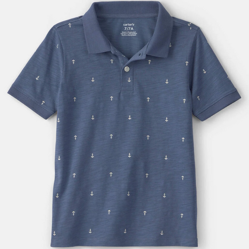 Blue polo shirt with anchor pattern on a white background