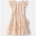 Pink floral dress with ruffled sleeves and bottom on a white background