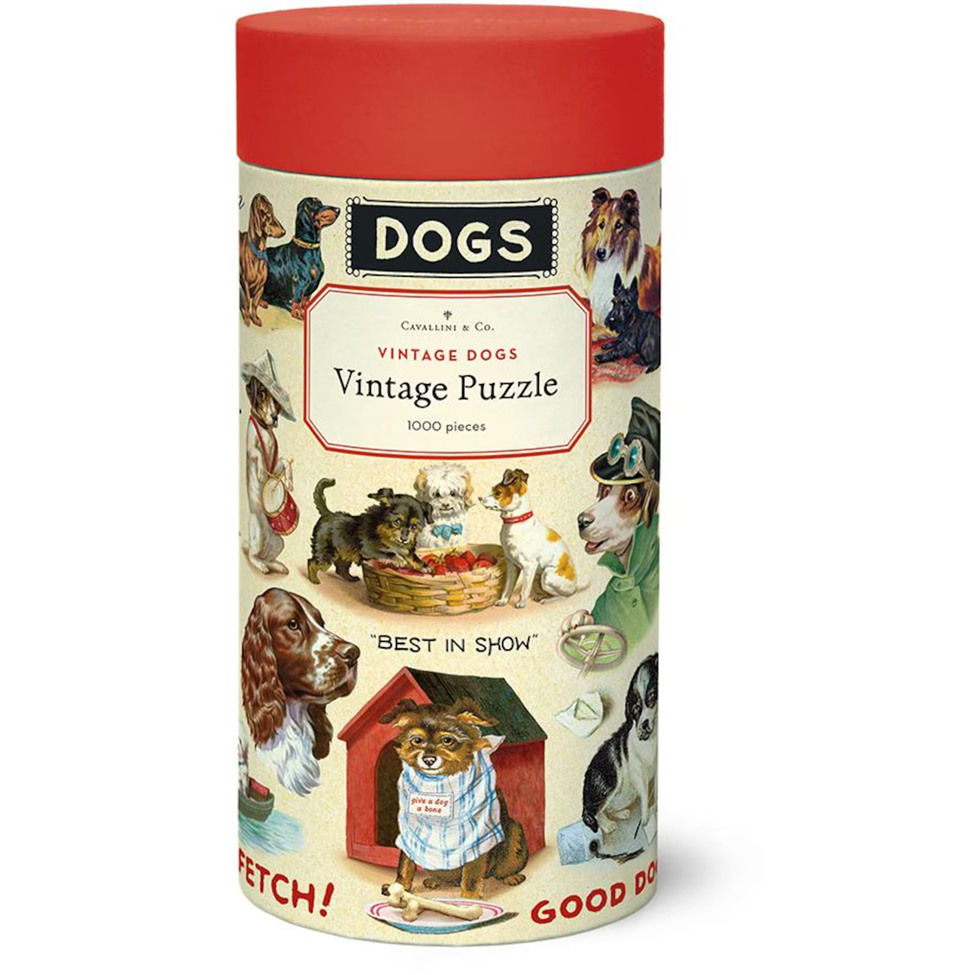  cylindrical puzzle box with vintage dog illustrations and red lid