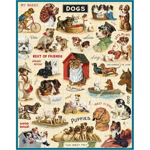 Illustration of various dogs in different poses and scenarios on a beige background.
