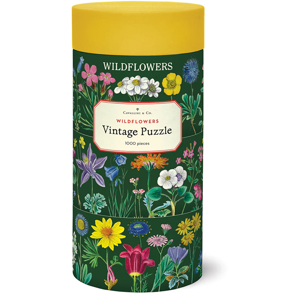  cylindrical puzzle box with floral design and 'Wildflowers' text