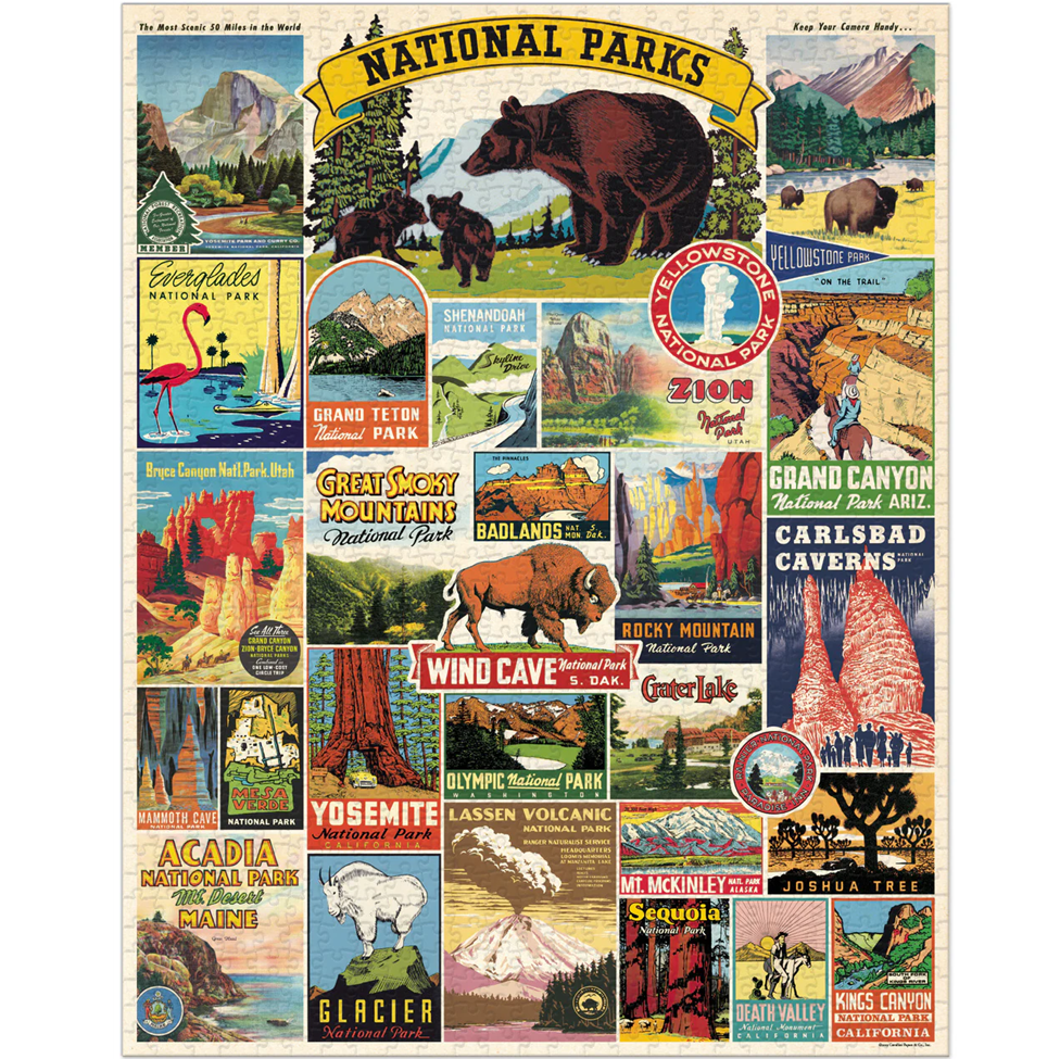 Collage of vintage-style national park posters with scenic illustrations and bear imagery.