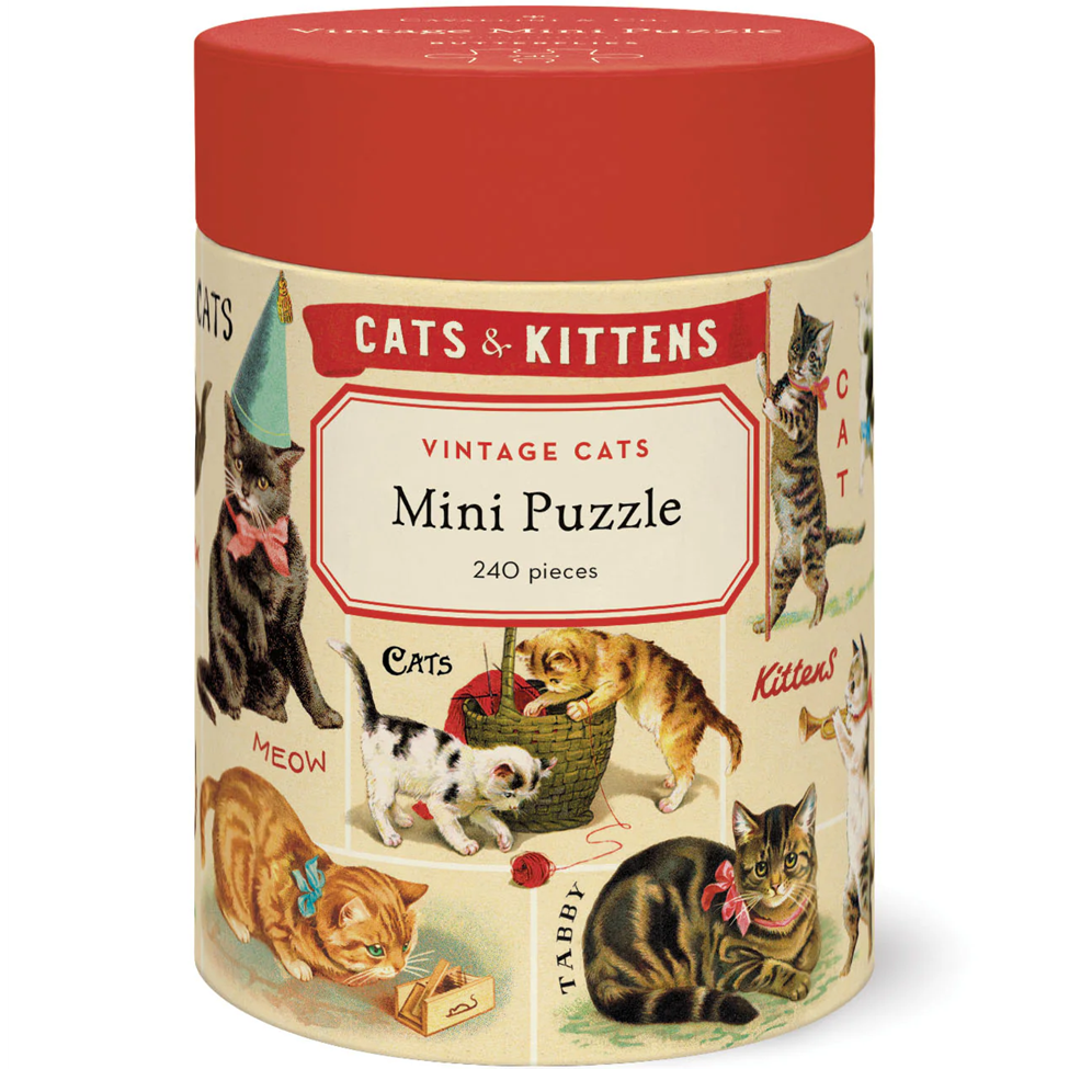 Cats & Kittens vintage mini puzzle packaging with red lid and cat illustrations on a white background