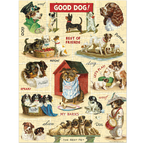 Vintage-style illustration of dogs with various poses and text on a yellow background
