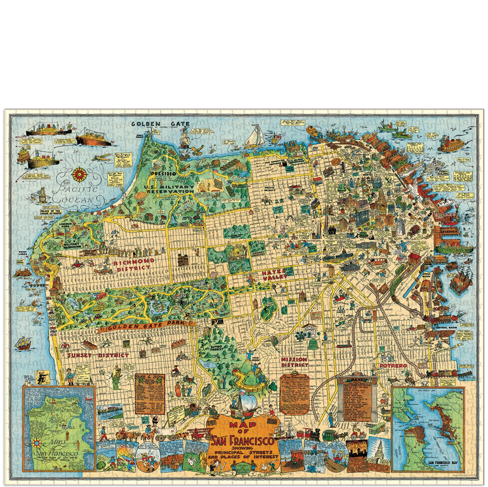 Colorful vintage-style map of San Francisco with illustrations and landmarks.