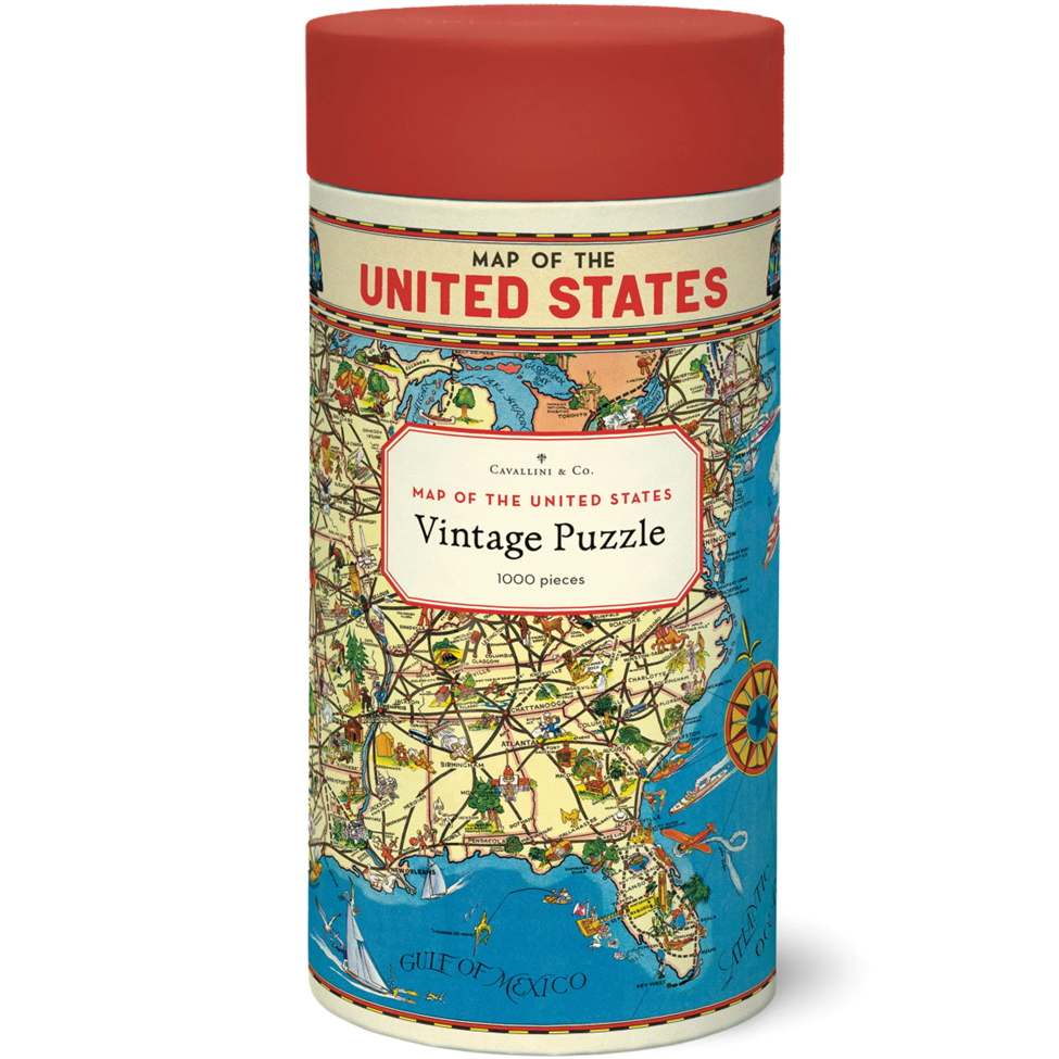 Jigsaw puzzle canister with a map design on a white background