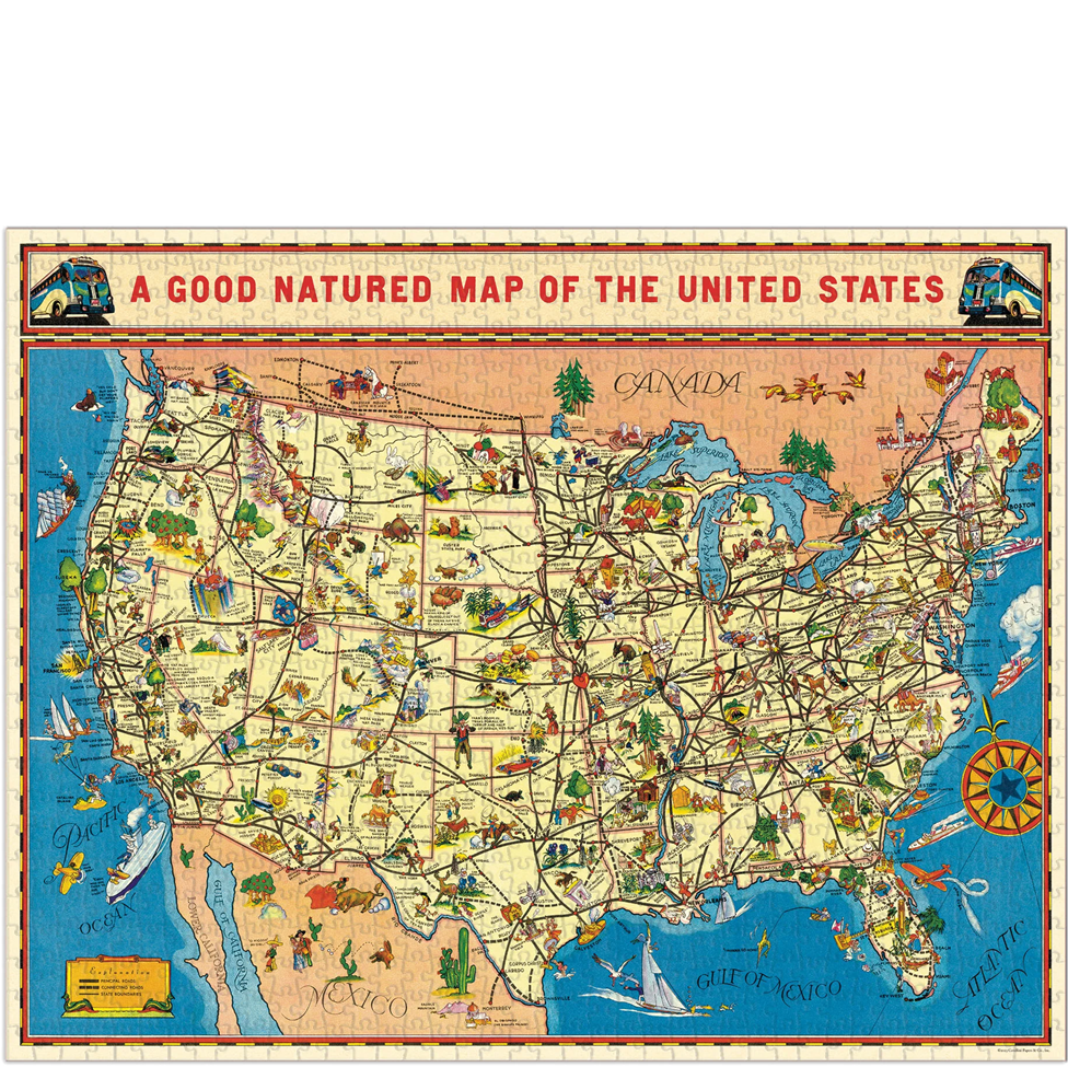 Map of the United States with cartoon illustrations on a white background