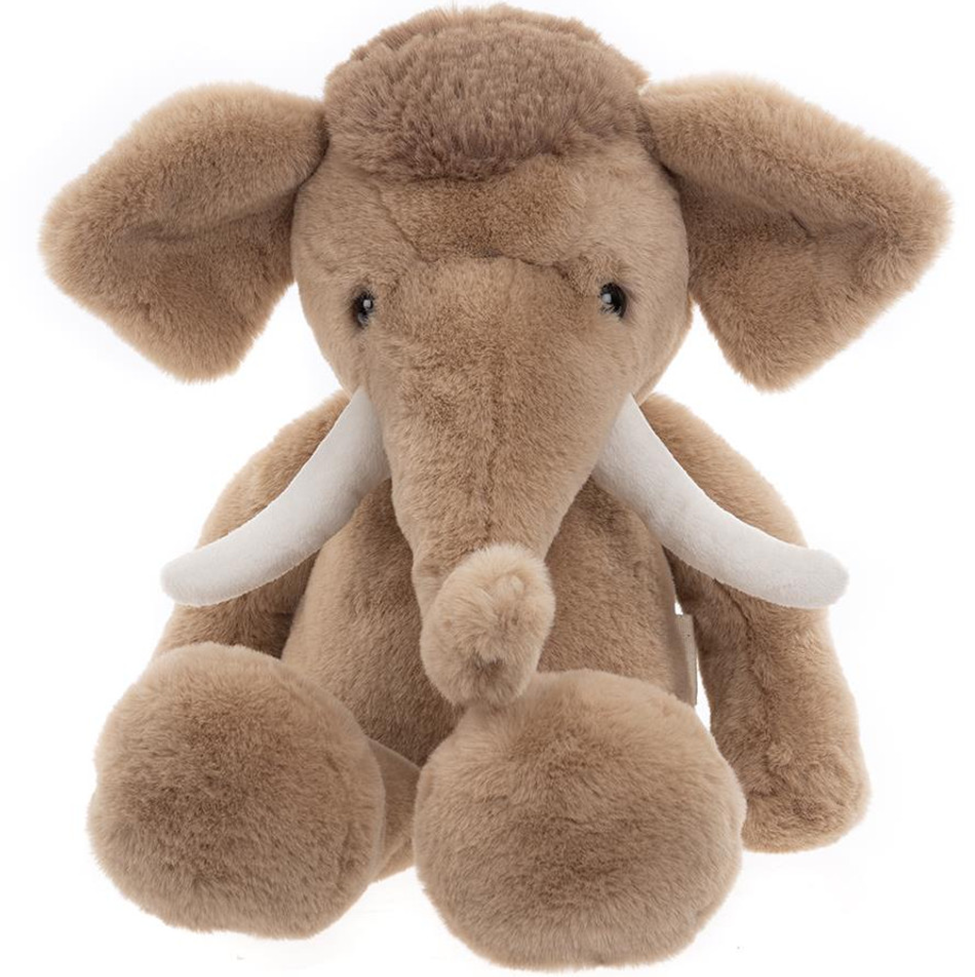 Plush mammoth toy with white tusks on a white background