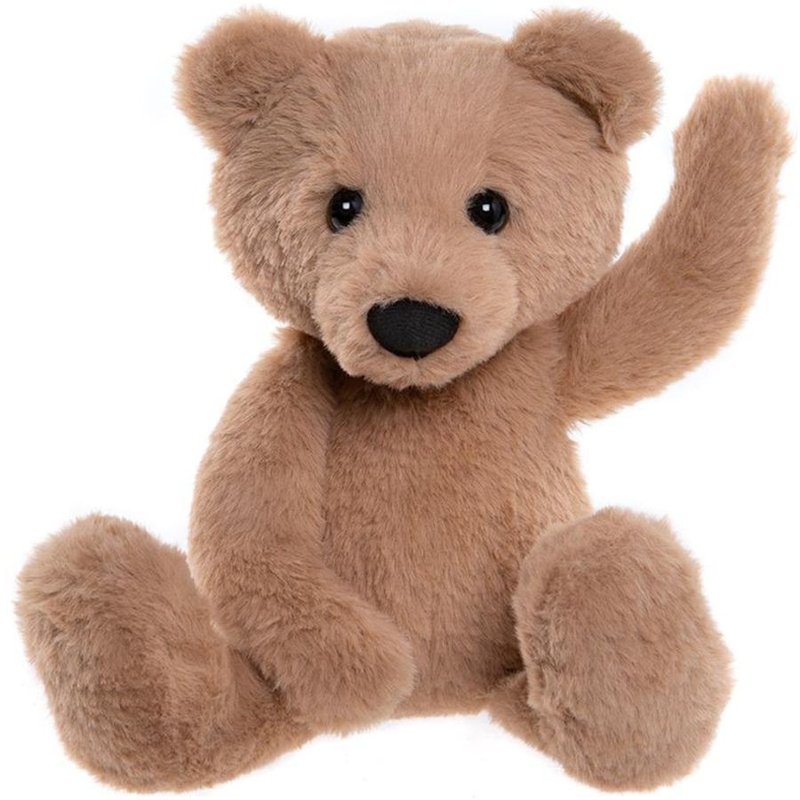 Plush teddy bear waving on a white background