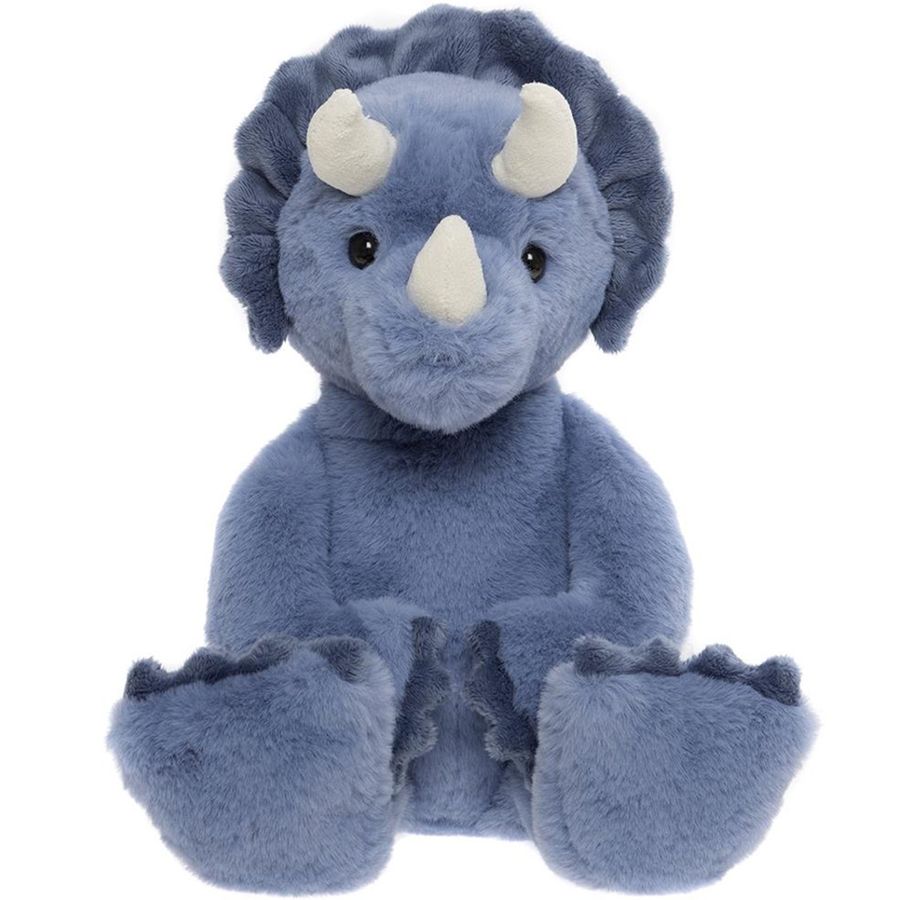 Blue plush triceratops toy on a white background