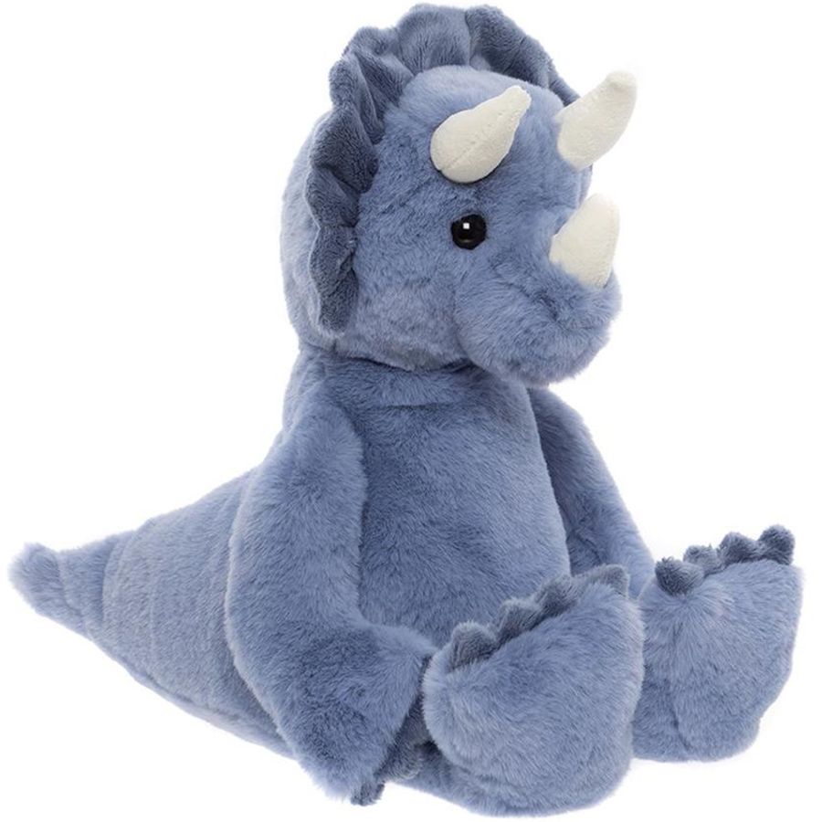 Blue plush triceratops toy on a white background