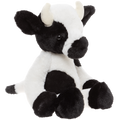 Plush cow toy with black and white pattern on a white background