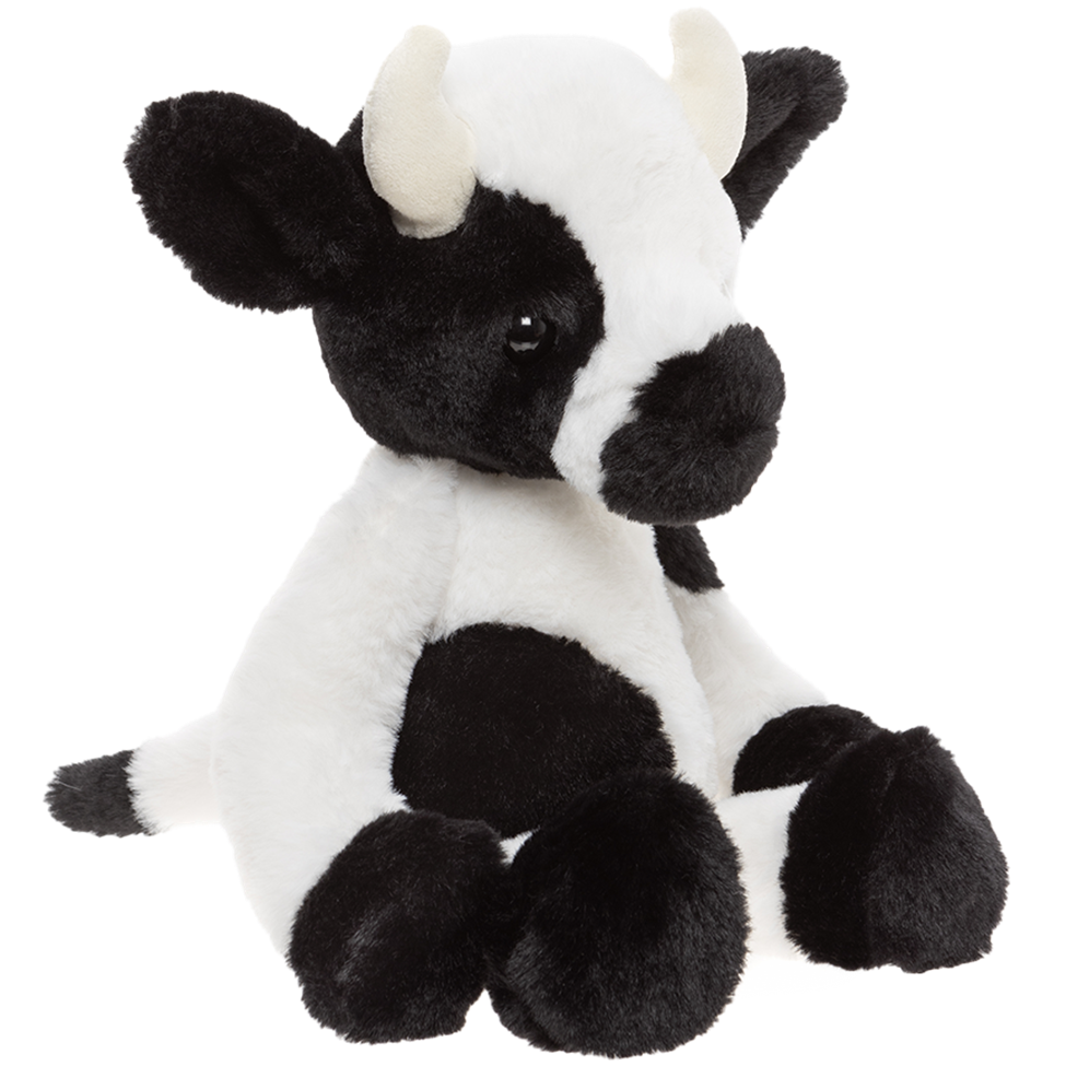 Plush cow toy with black and white pattern on a white background